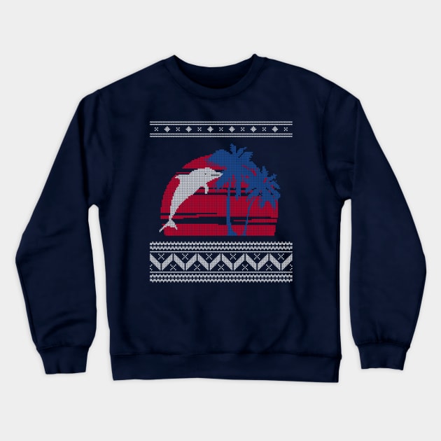 Blue and Red Palm Tree and Dolphin Ugly Christmas Sweater Design Crewneck Sweatshirt by YourGoods